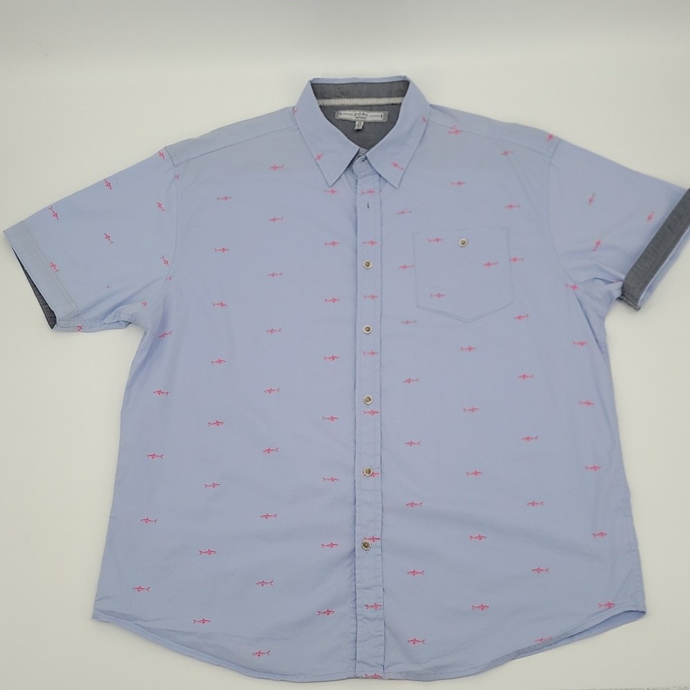 pd&c Mens 2X Light Blue Pink Shark Print Short Sleeve Stretch Button Down Shirt